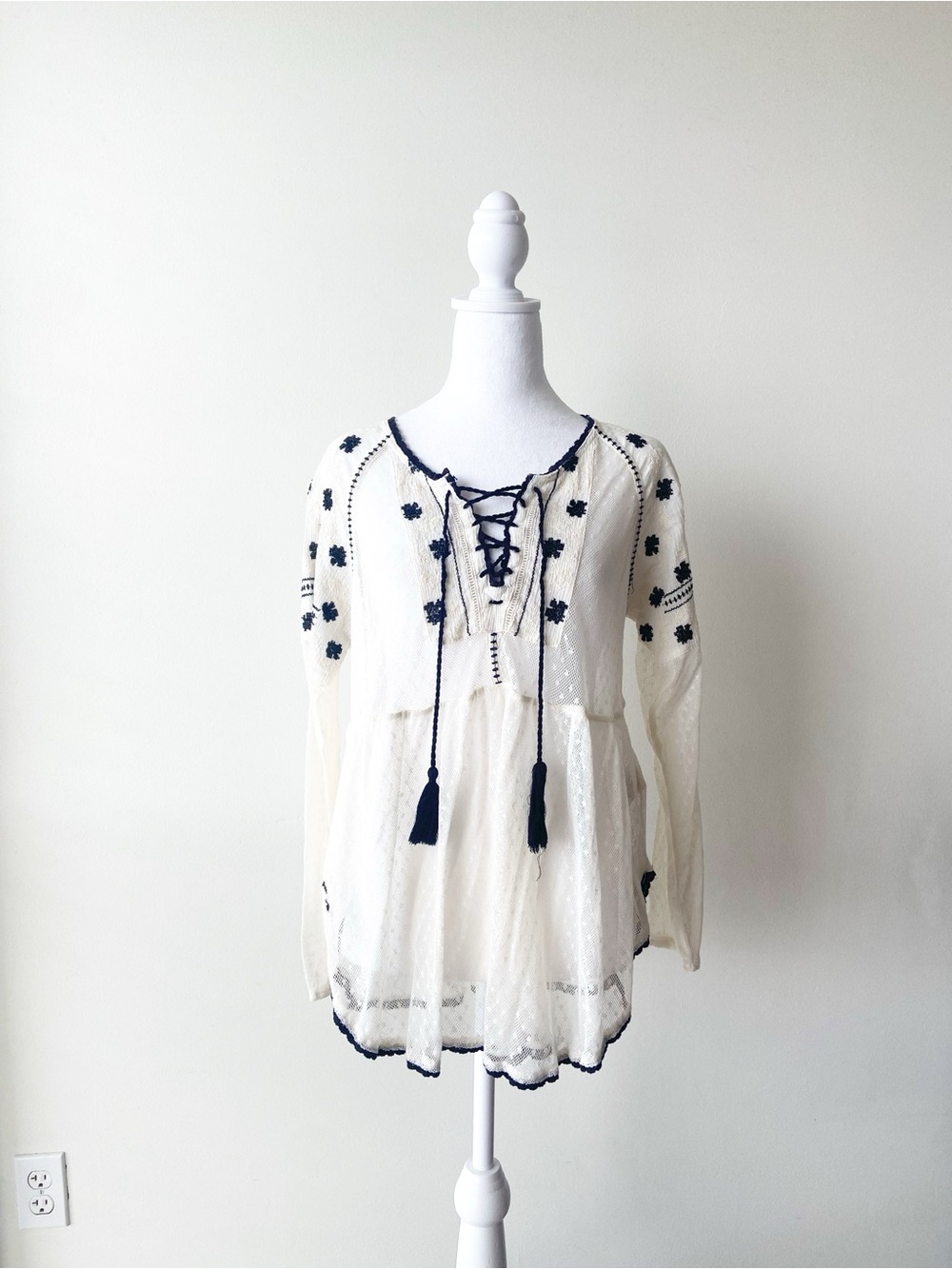 Free People Cream Embroidered Top with Black Accents